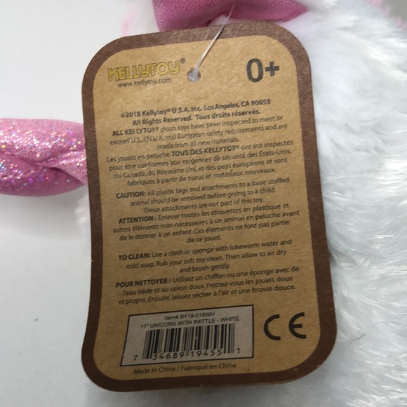 KellyToy 11 inch Unicorn with Rattle White Pink Sparkle Stuffed Animal Plush - Picture 7 of 7